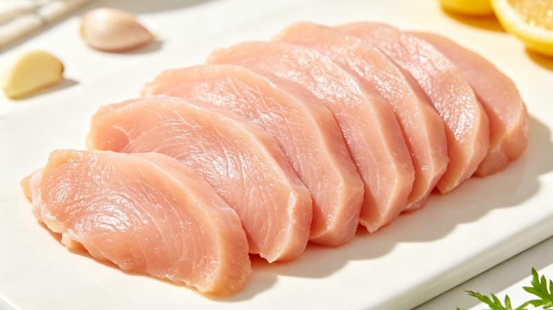 Corta la pechuga de pollo en rebanadas.